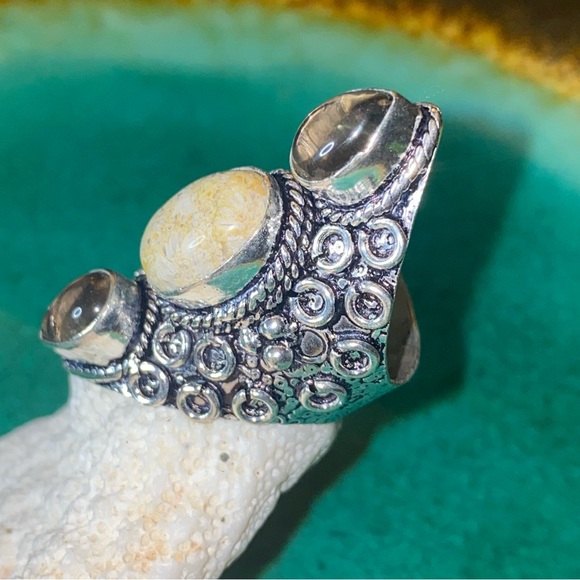 Indonesian Sea Fossil Coral + Smoky Quartz  vintage handcrafted ring - Picture 2 of 12